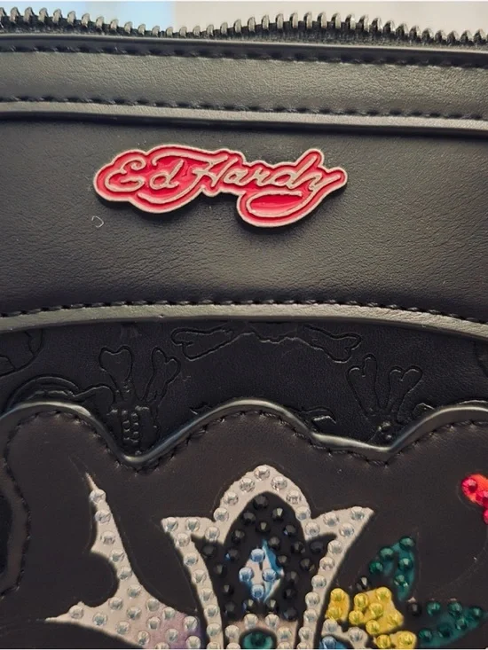 Ed Hardy Black Embossed Rhinestone Cross Satchel Shoulder Bag Vegan Leather NWT - Picture 2 of 9